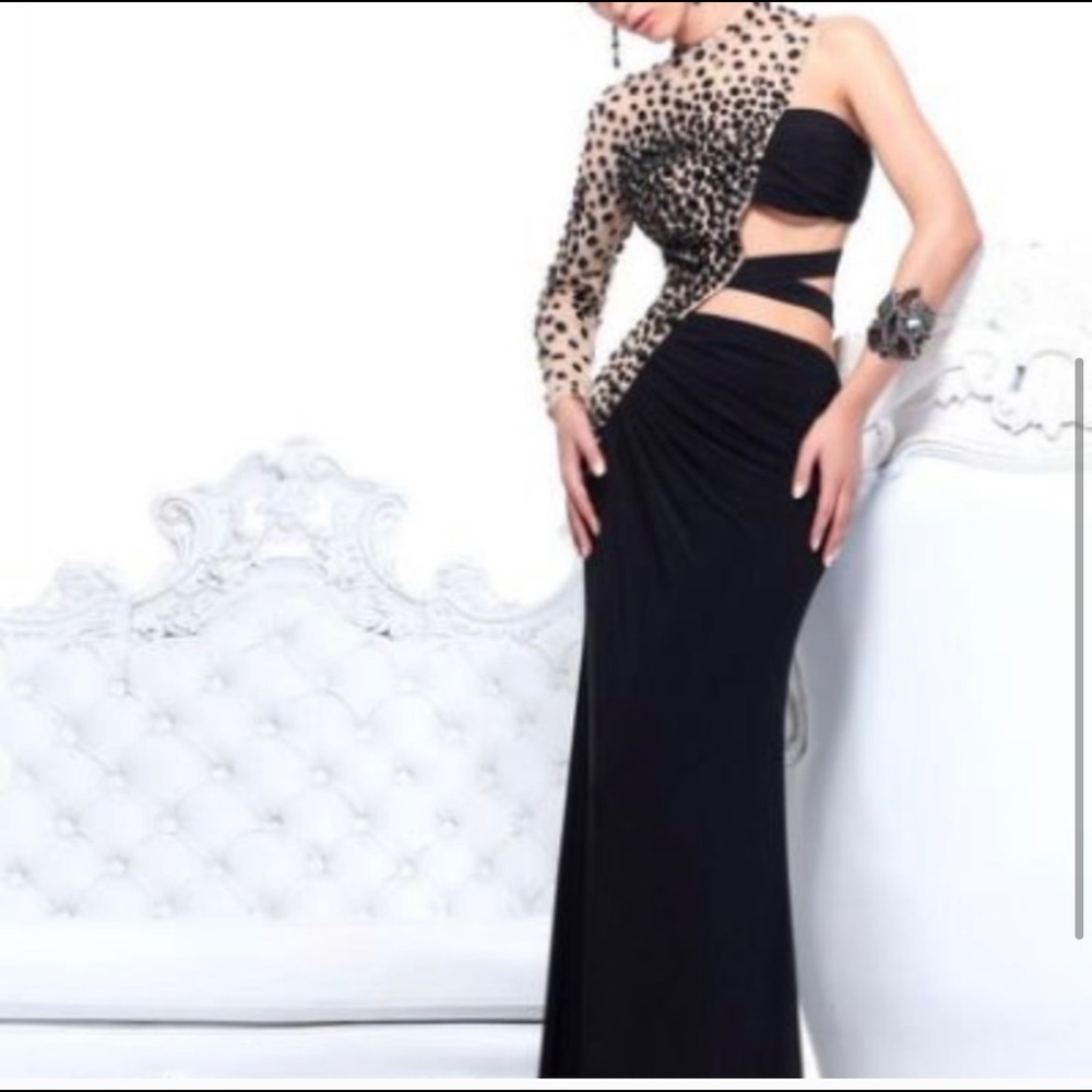 Sherri Hill Black Nude Illusion Embellished Gown